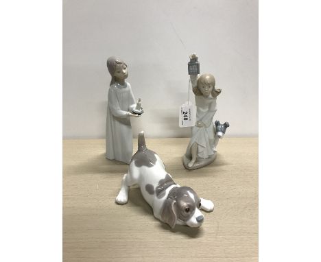 2 LLADRO FIGS AND 1 NAO FIGURE PUPPY GIRL WITH CANDLE AND GIRL WITH LANTERN