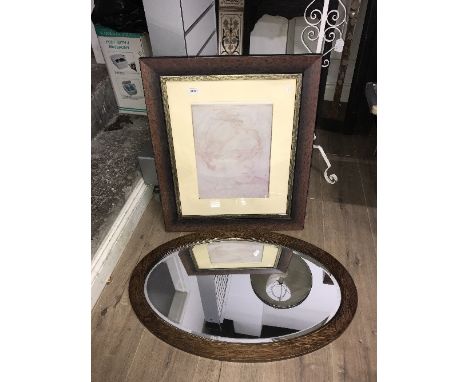 ANTIQUE OVAL OAK MIRROR & PRINT