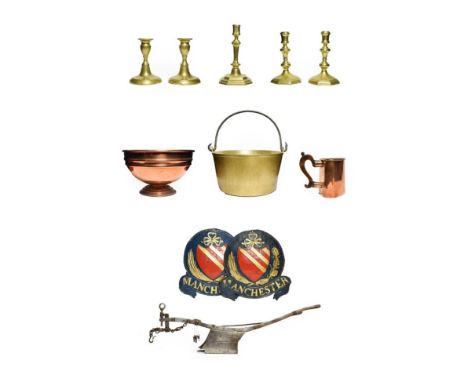 A Pair of Brass Candlesticks, 18th century, of knopped baluster form on octagonal bases, 17.5cm high; A Pair of Brass Dwarf C