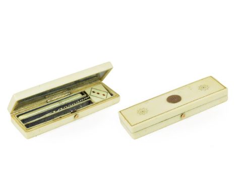 A Gold Mounted Ivory Toothpick Holder, early 19th century, of rectangular form set with a circular plaque engraved with initi