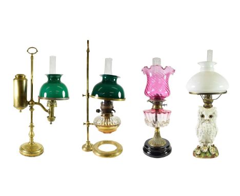 A Late Victorian Brass Student's Oil Lamp, by Perry &amp; Co, with loop finial, adjustable cylindrical reservoir and lamp wit