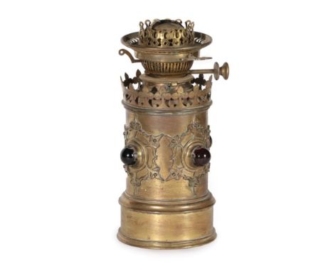 A Hinks Brass Oil Lamp, late 19th/early 20th century, of cylindrical form with pierced collar over four amethyst and ruby cab