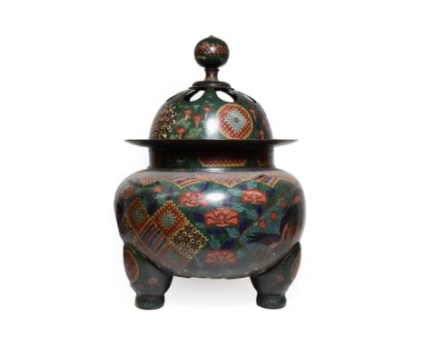 A Japanese Cloisonné Enamel Koro and Cover, Meiji period, of ovoid form with domed cover, flared shoulder, twin scroll handle
