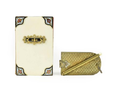 A Cloisonné Enamel and Gilt Metal Mounted Ivory Aide de Memoire, circa 1860, of rectangular form, the cover with scroll carto
