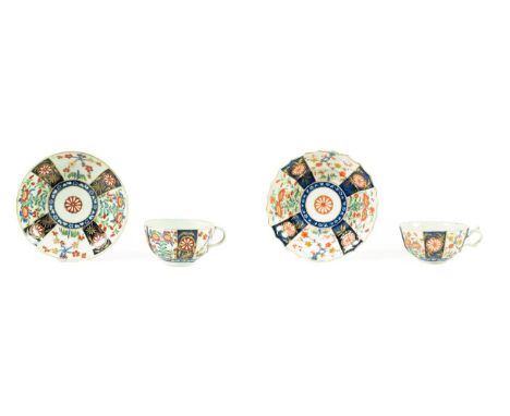 A Worcester Porcelain Teacup and Saucer, circa 1775, of fluted form, painted with the Rich Queens pattern, seal marks in unde