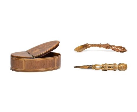 A George III Mahogany, Satinwood Banded and Marquetry Snuff Box, of oval form, the hinged cover with an oval paterae, 9.5cm l