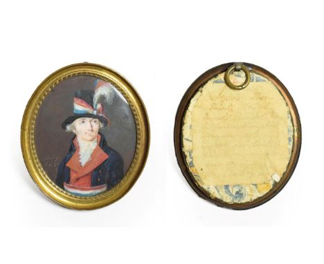 Louis-François Aubry (1767-1851): Miniature Bust Portrait of Jean Bon Saint-André, wearing a black hat with tricolour scarf a