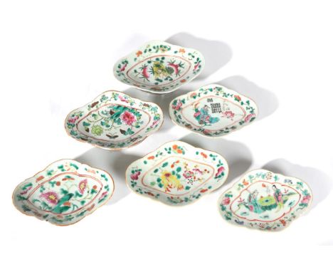 A Matched Set of Six Chinese Porcelain Lozenge Shaped Pedestal Dishes, late 19th/early 20th century, painted in famille rose 