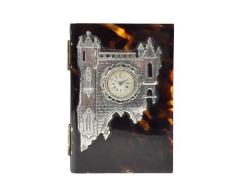 A Silver Mounted Tortoiseshell Aide de Memoire/Timepiece, circa 1870, of rectangular form, set with a watch movement within a