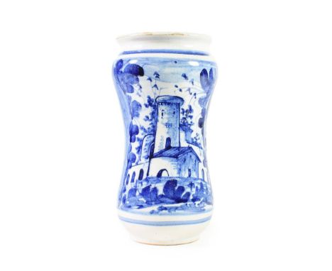 A Ligurian Maiolica Albarello, dated 1711, of waisted cylindrical form, painted in blue with a church in landscape, 20.5cm hi