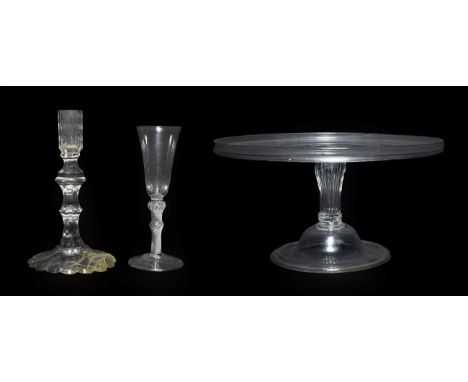 A Glass Tazza, circa 1770, of circular form with moulded gallery on a panelled baluster stem and folded foot, 31cm diameter; 