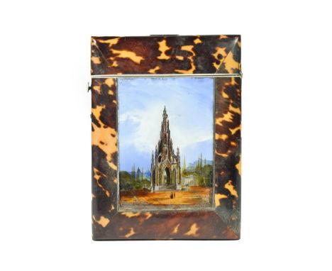 A Tortoiseshell Card Case, circa 1860, of rectangular form, set with a verre eglomise panel depicting SCOTT'S MONUMENT, 10.5c
