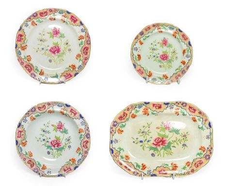 A Set of Eight Spode Pearlware Dinner Plates, circa 1820, transfer printed and overpainted with famille rose style foliage, p