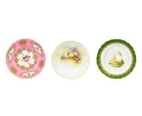 A Royal Worcester Porcelain Tea Plate, by Ernest Barker, 1928, painted with sheep in landscape within a gilt line border, sig