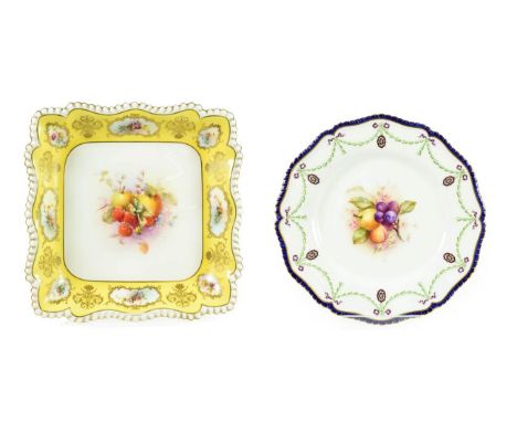 A Royal Worcester Porcelain Dessert Dish, 1912, of square form, painted by George Cole with fruit within a yellow border with