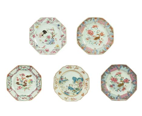 A Chinese Porcelain Plate, Qianlong, of octagonal form, painted in famille rose enamels with a river landscape within a gilt 