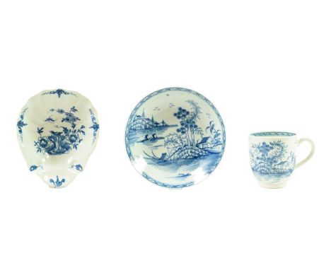 A Worcester Porcelain Shell Pickle Dish, circa 1758, painted in underglaze blue with the Two Peony Rockbird pattern, workman'