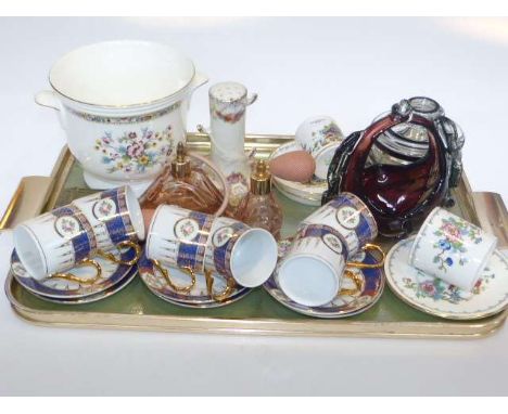 Coalport Ming Rose jardiniere, cabinet cups and saucers, glass perfumes etc 