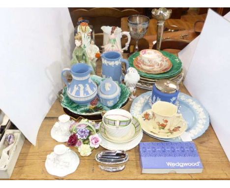 Royal Doulton 'Grace' figure, Staffordshire spill vase, silver bud vase, Wedgwood china cups and saucers, plates, etc