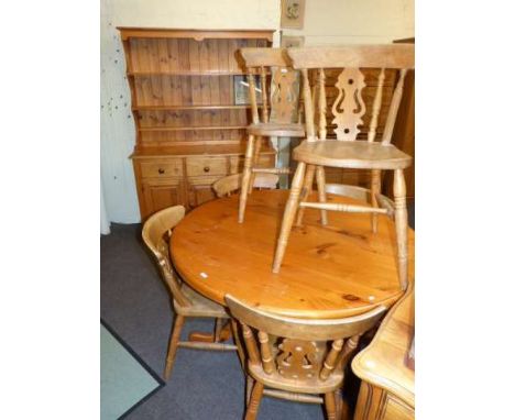 Pine shelf back dresser, circular pedestal dining table and six beech farmhouse style chairs