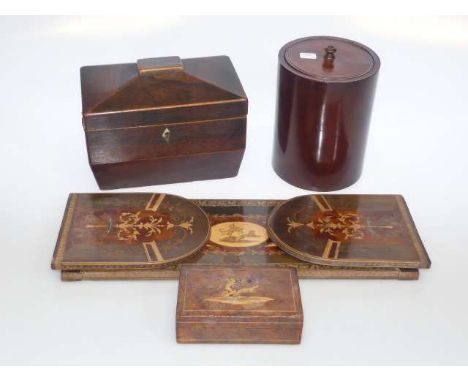 19th Century tea caddy, cylindrical tobacco box, small Sorrento box and marquetry book slide (4)