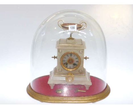 Victorian French alabaster mantel clock with gilt mounts and silvered dial under glass dome