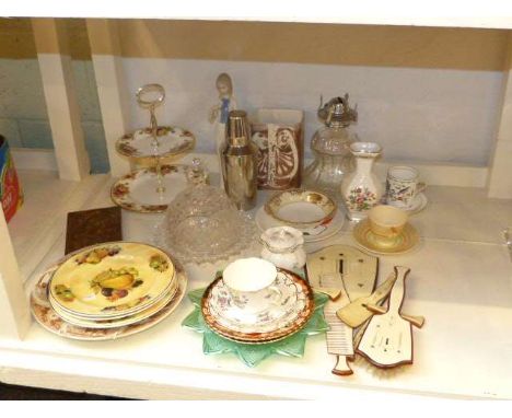 Dressing table set, cups and saucers, glass lamp, Coalport vase, Royal Albert cakestand, etc