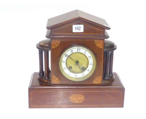 Edwardian mahogany inlaid with satinwood mantel clock with enamel dial