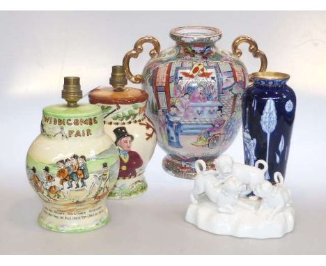 Oriental pottery vase, two Crown Devon Fieldings table lamp, Royal Doulton Flo Blue vase and Continental dog group