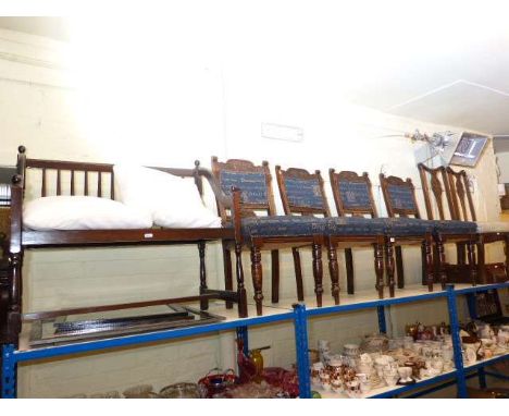 Nine late Victorian and Edwardian dining chairs, two seater bench, cheval mirror, standard lamp, wall clock, occasional table