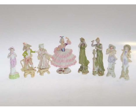 Seven small bisque figures and Dresden lady (8)
