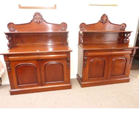 Pair Victorian style mahogany two door chiffoniers with raised shelf backs