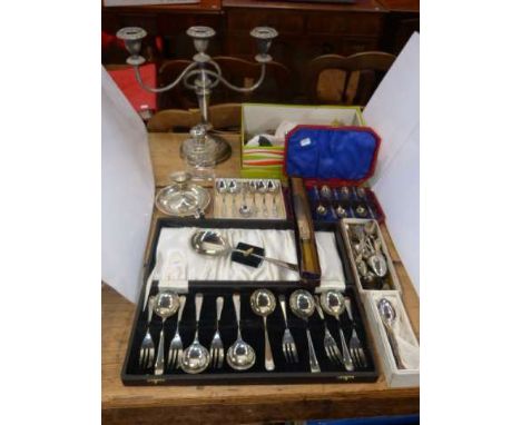 Candelabra, toilet bottle, chamber stick and collection of boxed and loose flatware