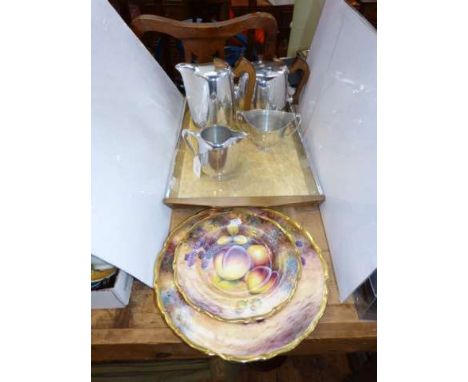 Piquot five piece tea service and three Edwardian fine bone china fruit decorated plates