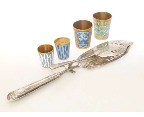 Russian 84 standard silver fish servers, St. Petersburg mark; and four gilt and enamel beakers