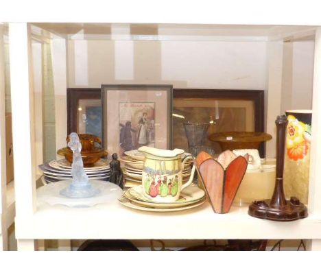 Royal Doulton Series Ware jug and three plates, desk stand, wall lights, Bakelite lamp and leaded shade, plates, glassware, p