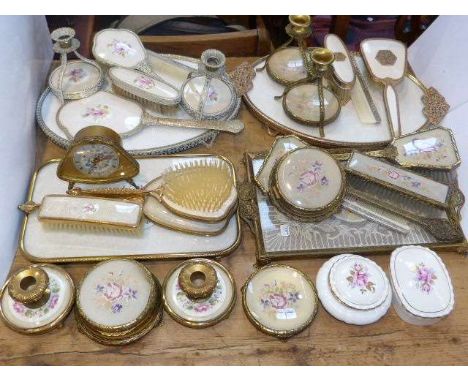 Four Petit Point dressing table sets and two trinket boxes