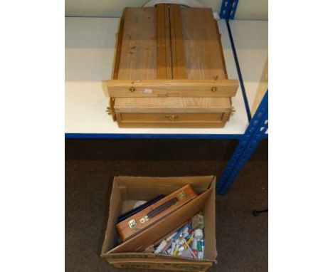 Portable artists easel, painters box, oil paints, etc