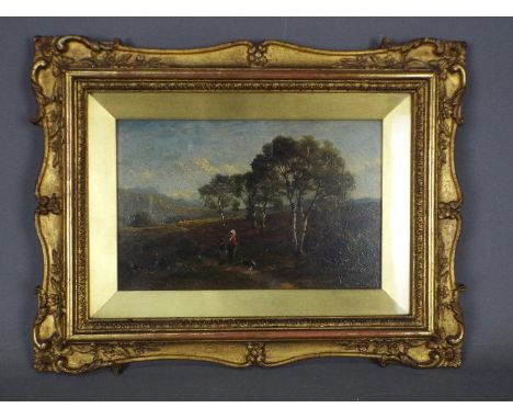 Circle of Benjamin Williams Leader RA (1831 - 1923), a small oil on panel landscape scene depicting a woman and child walking