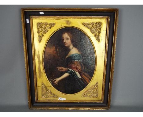 A framed oil on canvas portrait depicting a lady in period dress wearing a blue shawl over a red dress, possibly of Mary, Pri