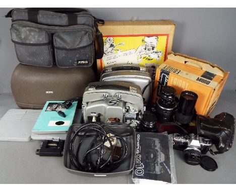 Photography - Lot to include an Olympus OM10 camera with additional lenses, two Bolex cine projectors, portable indoor light,