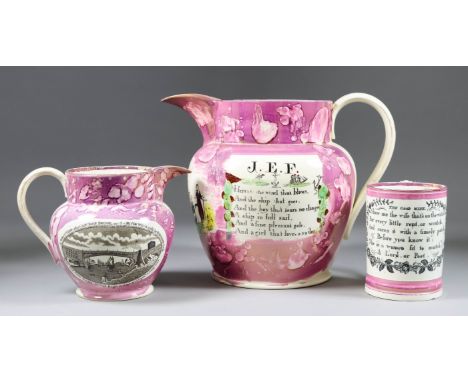 A Sunderland Lustre Pottery Jug, 19th Century, printed and painted with a ship in full sail and figures of Hope and a sailor,