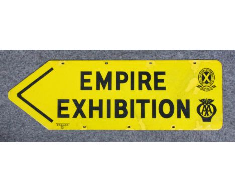 An AA and Royal Scottish Automobile Club 1938 Empire Exhibition Enamel Sign, in black letters on a yellow ground, by Franco, 