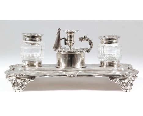 A William IV Silver Rectangular Inkstand, by Joseph &amp; John Angel, London 1834, of shaped and moulded outline with leaf an