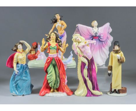 Six Royal Doulton Bone China Figures - "Rapunzel" (HN3841), 9.75ins high, "Waiting for a Train" (HN3315), 8ins high, "Grace D