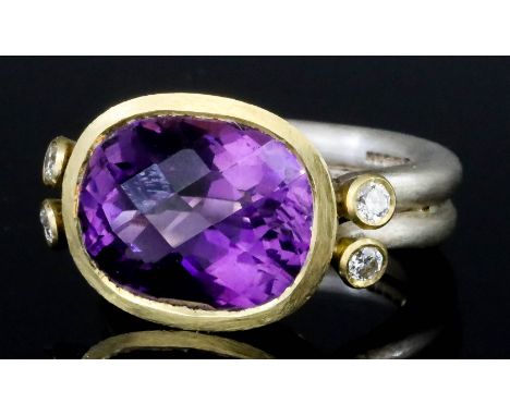 An Amethyst and Diamond Ring, Modern, by Mark Nuell, in 18ct yellow gold and silver mount, set with an oval faceted amethyst,