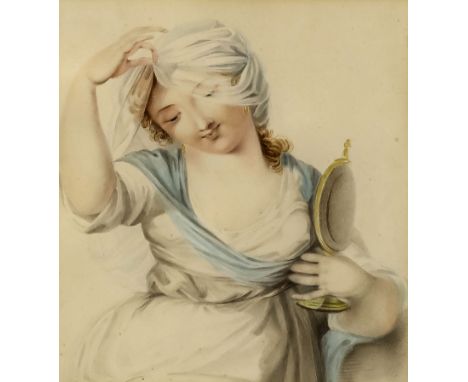 EARLY 19TH CENTURY ENGLISH SCHOOL - Watercolour - Half-length portrait of a young woman holding a mirror while lifting her ve