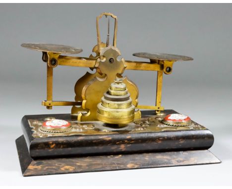 A Pair of Coromandel, Brass and Porcelain Mounted Letter Scales, Victorian, 8ins x 5ins x 6ins high