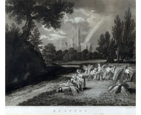 AFTER EDWARD DAYES (1736-1804) - Mezzotint - "Reapers" - A harvesting scene with Canterbury Cathedral to the background, 14.5