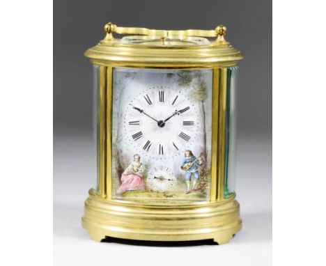 A French Oval Cased Carriage Clock, Late 19th/ early 20th Century, No. 144, the decorative enamel dial with raised oval numer
